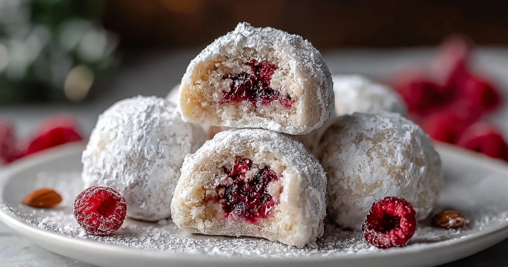Raspberry Filled Almond Snowball Cookies