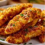 Homemade baked chicken tenders on a plate with dipping sauce.