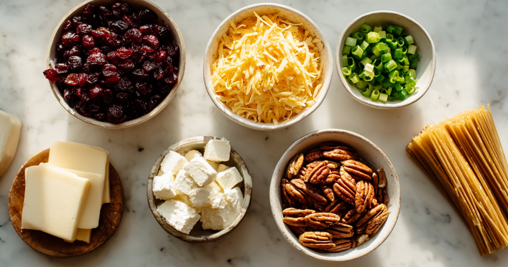 Ingredients for Two-Bite Cranberry Cheese Ball Pops on marble counter.