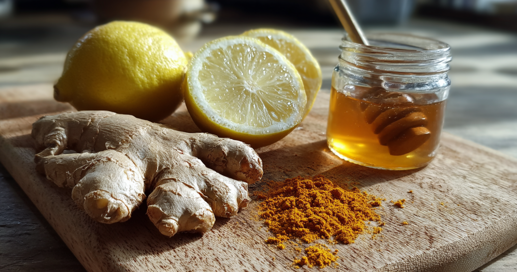 Ingredients for Japanese Ginger Trick with ginger root, lemon, and honey.