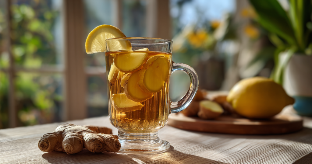 Finished Japanese ginger drink with lemon