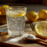 Lemon baking soda alkaline shot in a glass with fresh lemon and baking soda