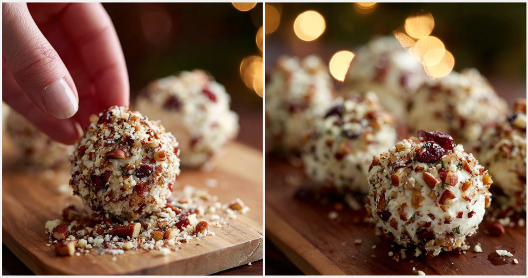 Rolling Two-Bite Cranberry Cheese Ball Pops in chopped pecans.