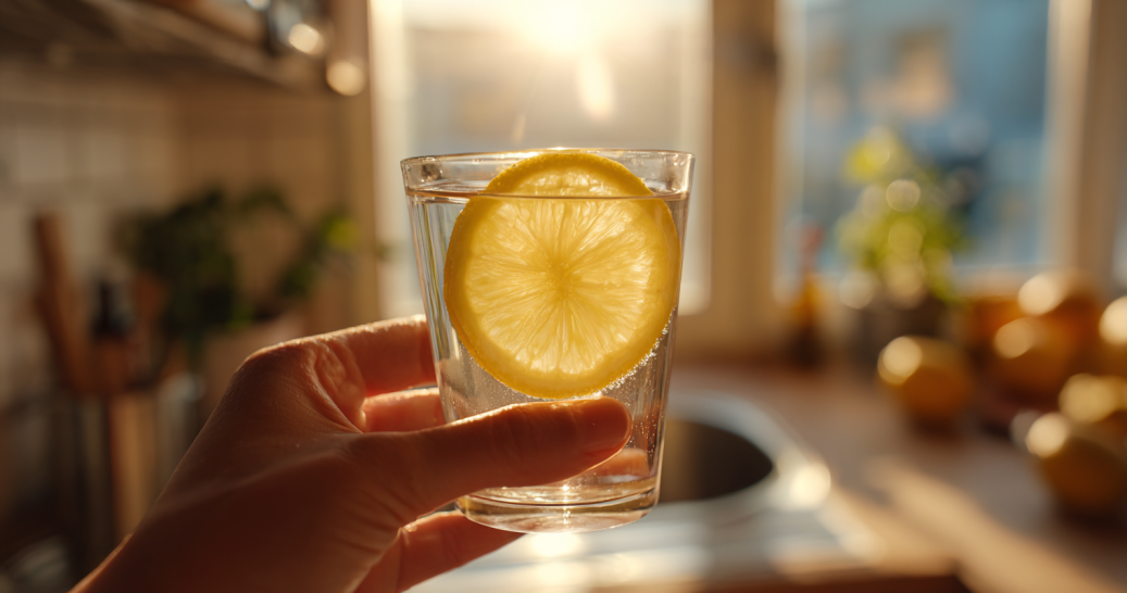 Person holding a lemon baking soda alkaline shot in the morning