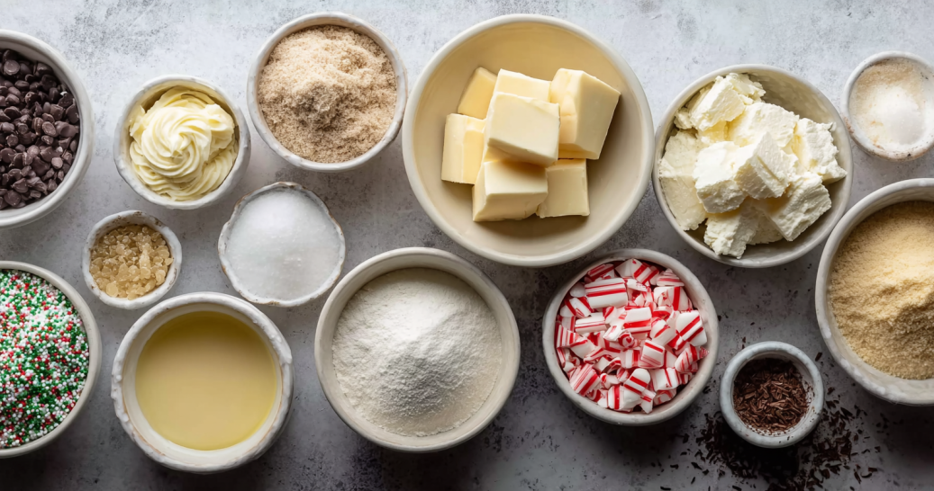 No-Bake Christmas Mini Cheesecakes ingredients display