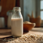 Homemade oat milk for weight loss recipe in a glass bottle