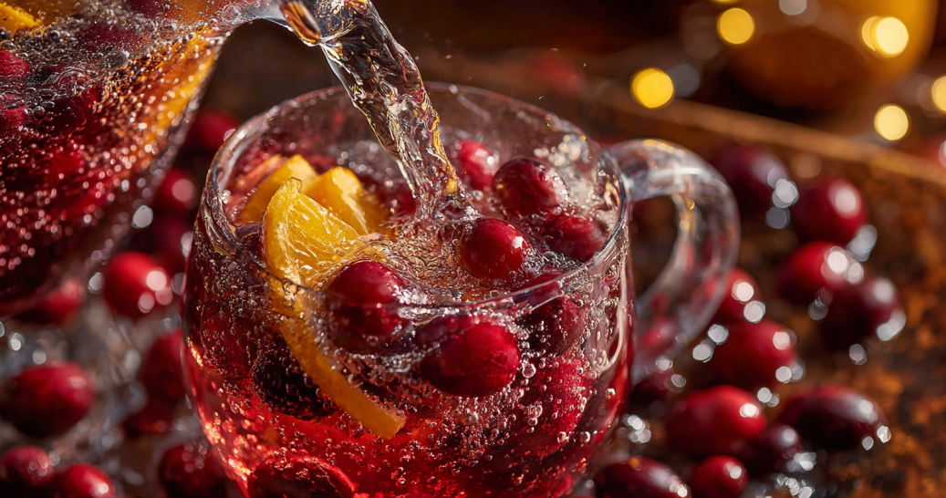 pouring thanksgiving cranberry spritzer over ice