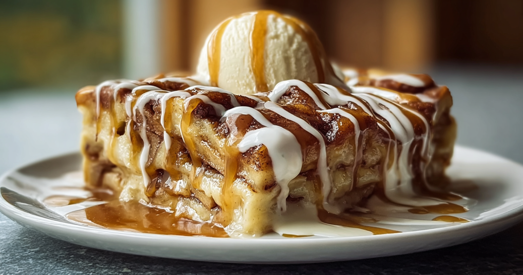 Slice of Cinnamon Roll Apple Lasagna served warm with ice cream