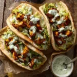 Delicious sheet pan chicken pitas topped with herby ranch dressing