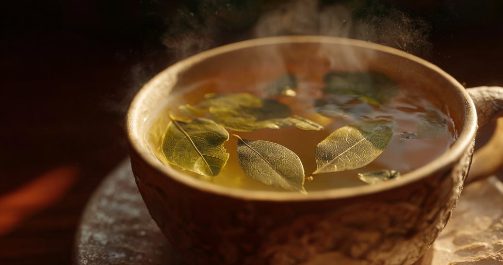 Senna leaves steeping in a cup of hot water