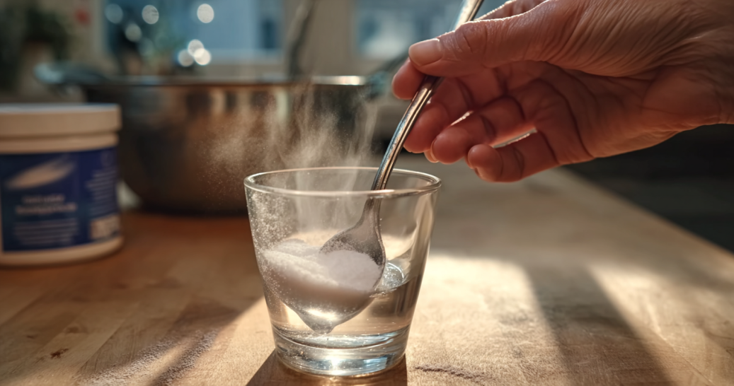 stirring the baking soda salt trick recipe in a glass