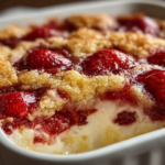 Strawberry cheesecake dump cake freshly baked in a white dish.