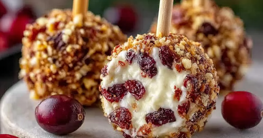 Two-Bite Cranberry Cheese Ball Pops close-up showing creamy cheese, cranberries, and pecans.
