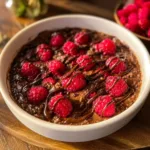 Vegan baked oats topped with fresh raspberries for a healthy breakfast