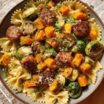 Delicious autumn dinner featuring sausage, pasta, Brussels sprouts, and butternut squash.