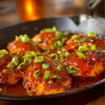 Plate of Chicken Diablo featuring spicy sauce and tender chicken pieces.