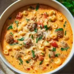 Creamy Parmesan Italian Sausage Ditalini Soup served in a bowl