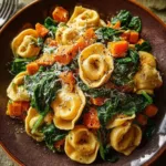 Creamy skillet tortellini dish with sweet potato and spinach
