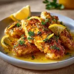 Crispy lemon pecorino chicken garnished with fresh herbs