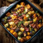 Maple Butternut Brussels dish garnished with crispy beef bacon