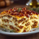 Delicious Parmesan Garlic Beef Bacon Lasagna layered with beef, bacon, and cheese.