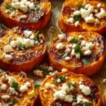 Roasted sweet potato rounds topped with honey and feta cheese
