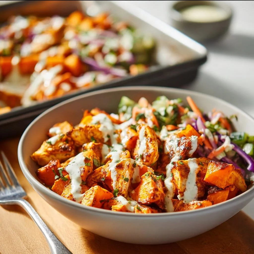 Sheet Pan Buffalo Chicken and Sweet Potato Bowls