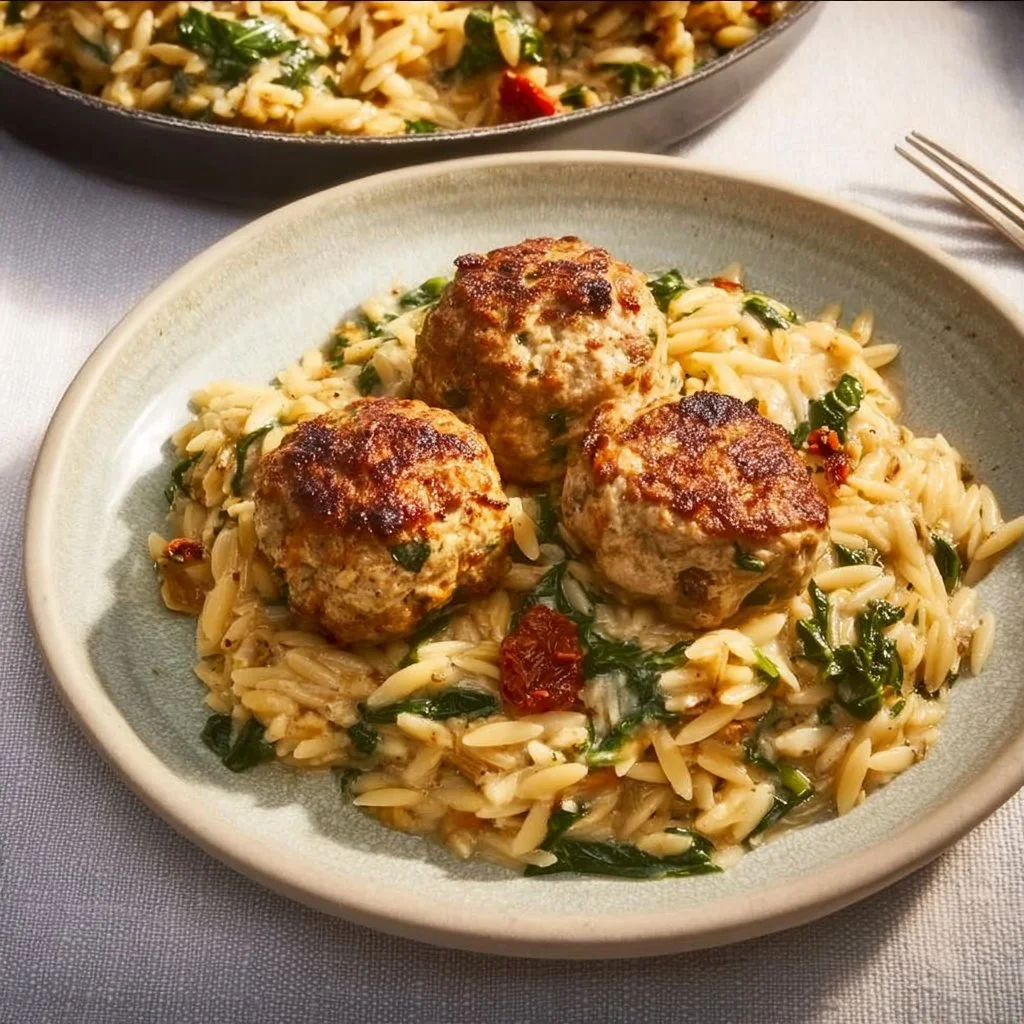 Plate of Tuscan chicken meatballs with orzo pasta, garnished with herbs.