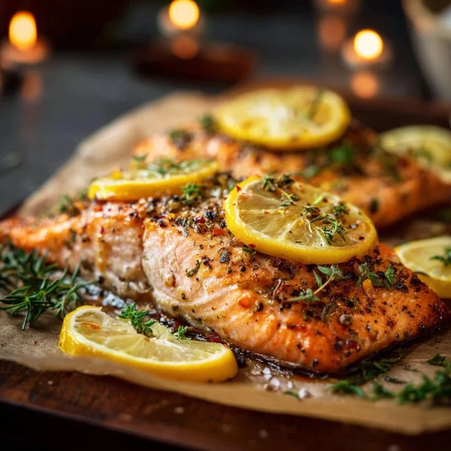 Baked lemon pepper salmon on a plate garnished with herbs and lemon slices.