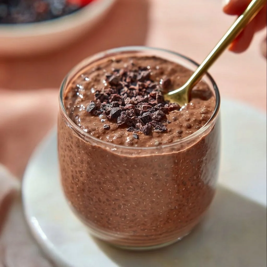 Delicious chocolate chia seed pudding with Greek yogurt in a bowl.