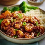 High-Protein Honey Garlic Shrimp 8 Delicious high-protein honey garlic shrimp served on a plate with garnishes.