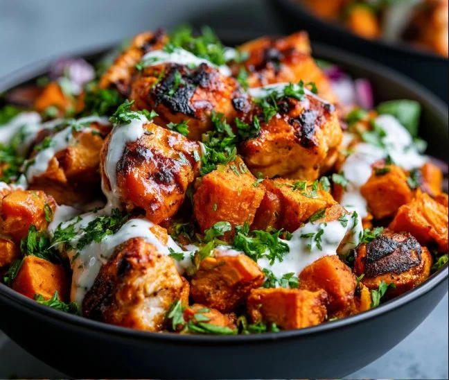 SHEET PAN BUFFALO CHICKEN AND SWEET POTATO BOWLS