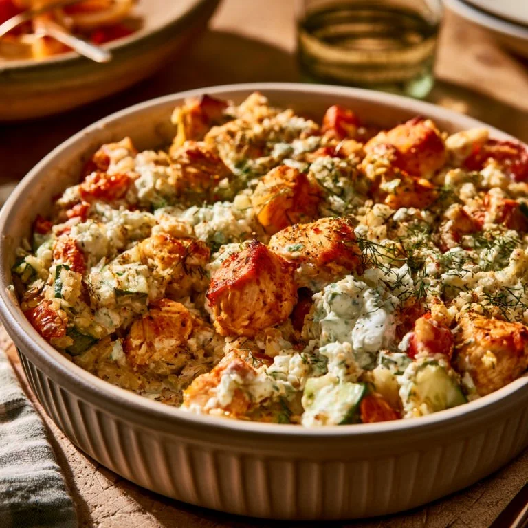 HIGH PROTEIN DUMP-AND-BAKE CHICKEN TZATZIKI CASSEROLE 30g+ of protein