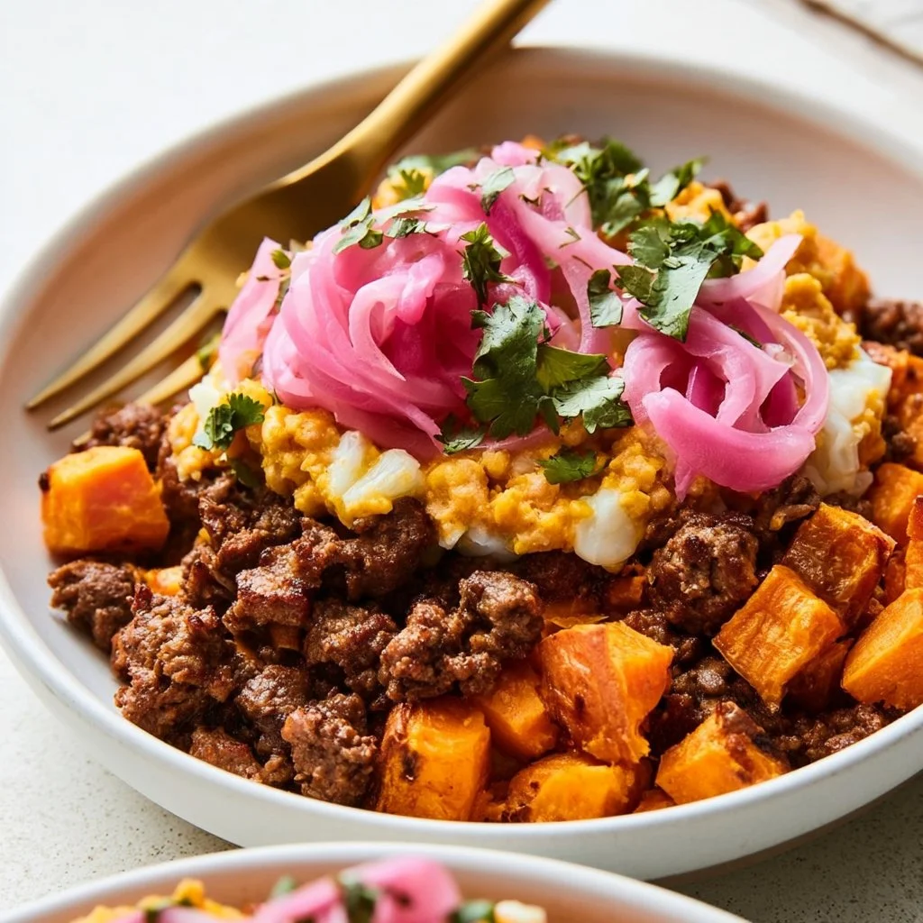 Mexican Street Corn
Sweet Potato
Ground Beef Bowl 3 Mexican Street Corn, Sweet Potato, and Ground Beef Bowl topped with fresh cilantro
