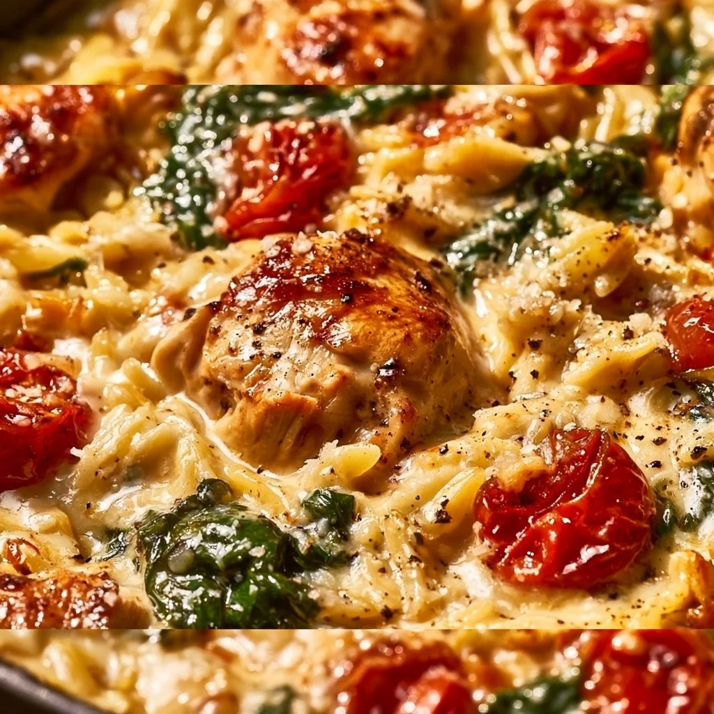 EASY AND QUICK CREAMY CHICKEN ORZO BAKE, TUSCAN STYLE (ONE-PAN)