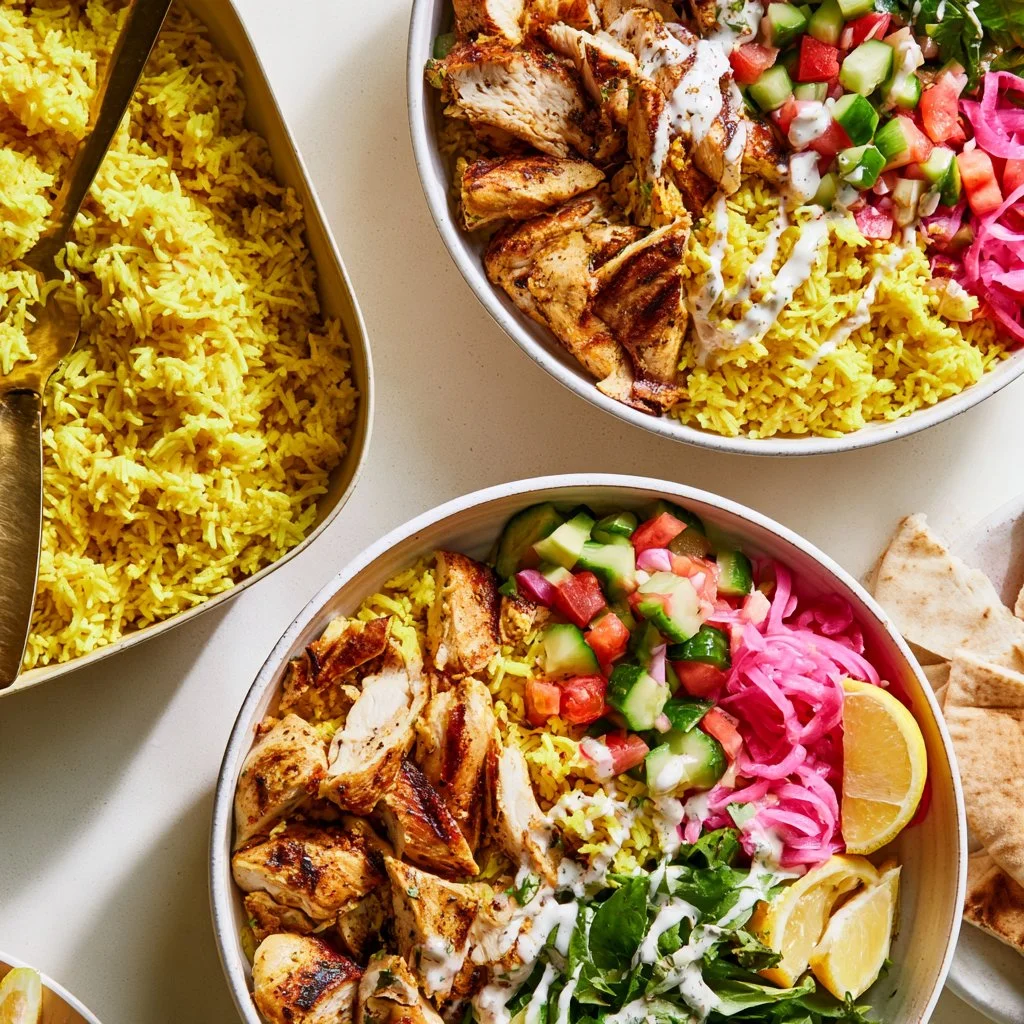 Easy sheet pan chicken shawarma bowl with colorful veggies and spices