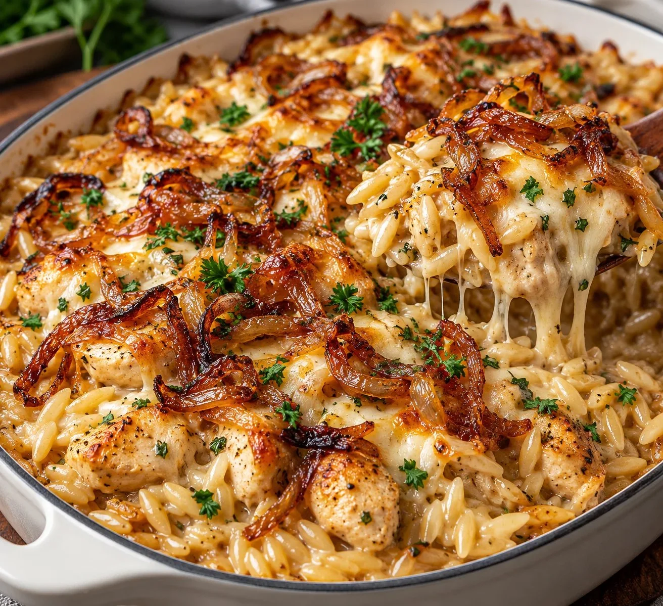French Onion Chicken Orzo Bake delicious & Easy to make
