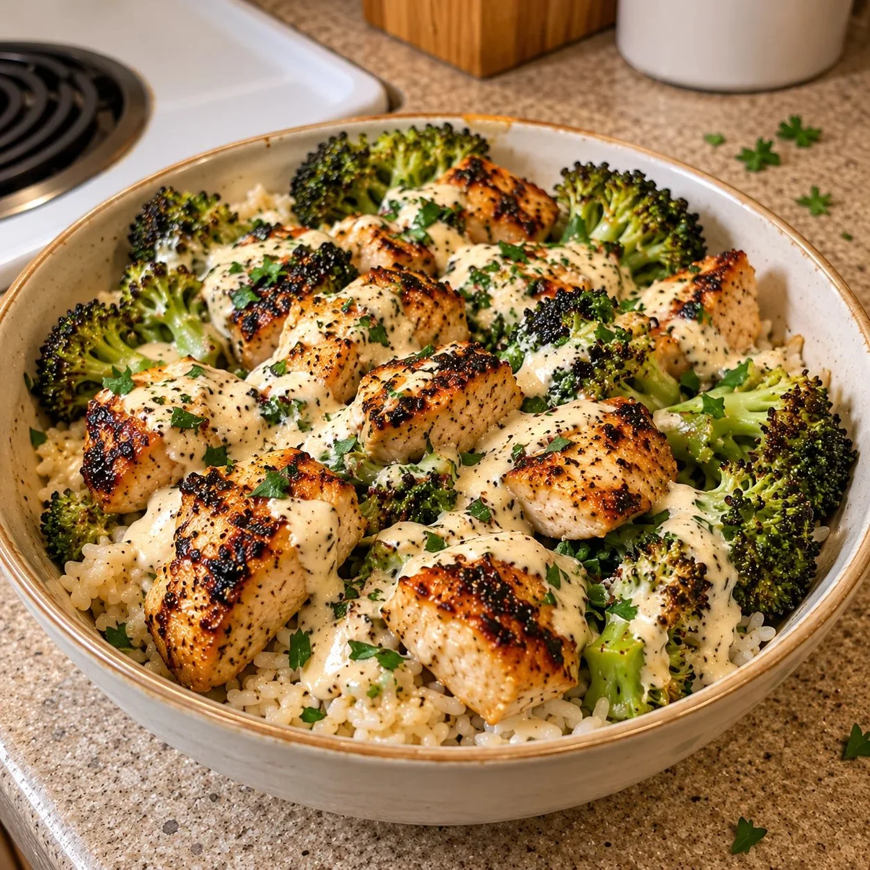 HIGH PROTEIN CHICKEN AND BROCCOLI BOWLS WITH CREAMY GARLIC SAUCE