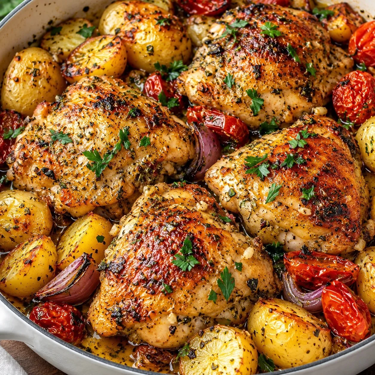 Mediterranean Roasted Potato Chicken Thighs